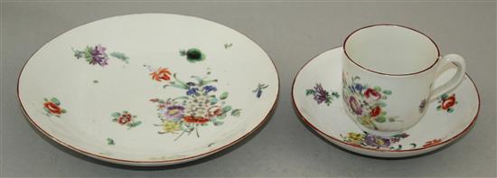 A Champions Bristol porcelain coffee cup and saucer and a similar saucer dish, c.1775, 18.5cm.